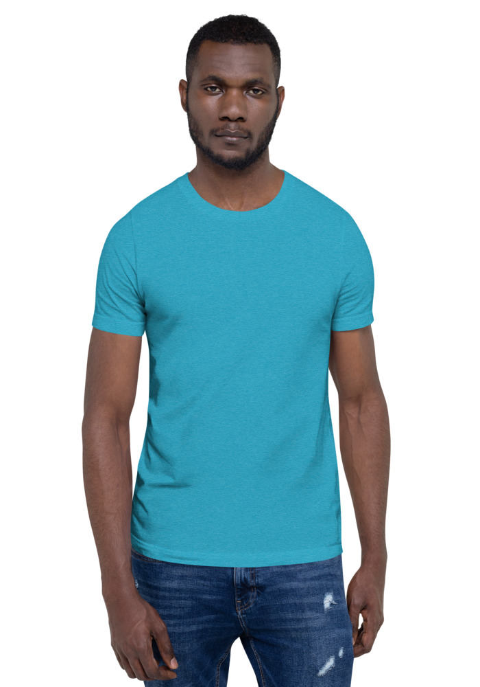 Bella + Canvas 3001 T-shirt in Heather Aqua for custom pet portrait embroidery