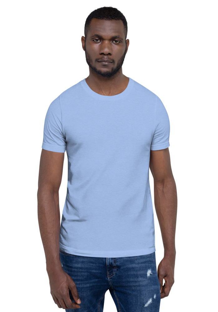 Bella + Canvas 3001 T-shirt in Heather Carolina Blue for custom pet portrait embroidery