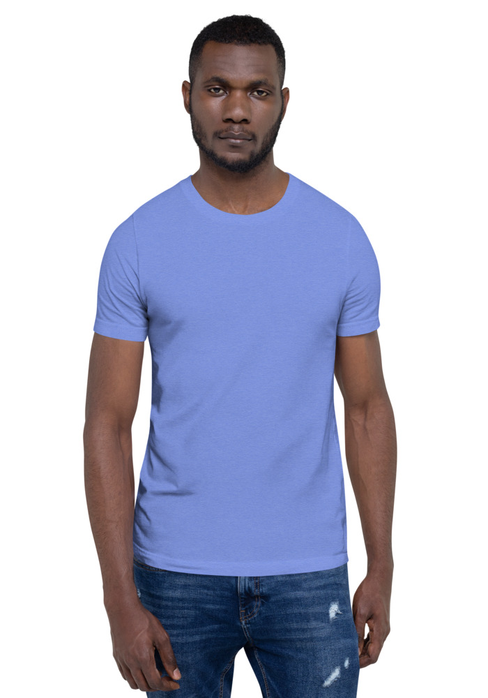 Bella + Canvas 3001 T-shirt in Heather Columbia Blue for custom pet portrait embroidery