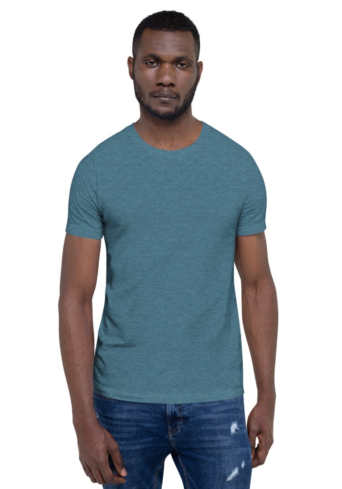 Bella + Canvas 3001 T-shirt in Heather Deep Teal for custom pet portrait embroidery