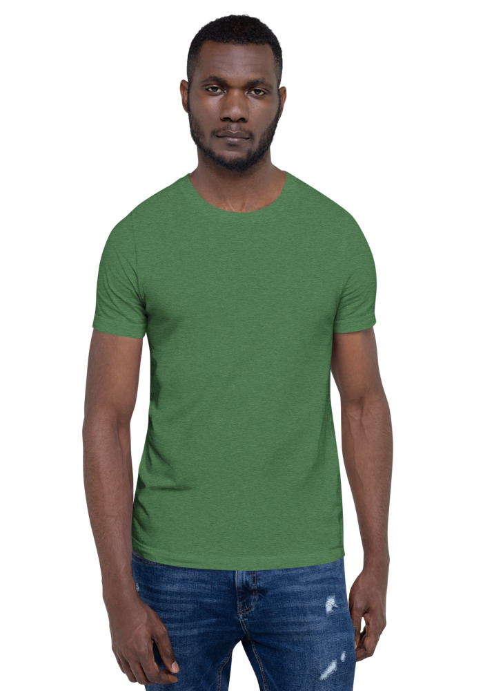 Bella + Canvas 3001 T-shirt in Heather Grass Green for custom pet portrait embroidery