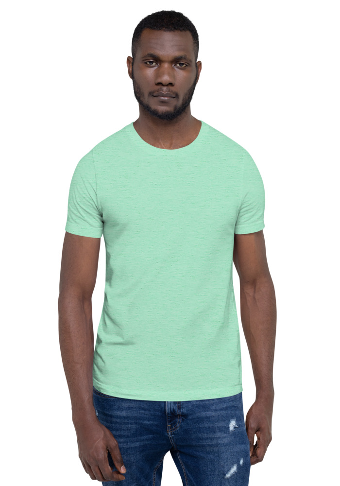 Bella + Canvas 3001 T-shirt in Heather Mint for custom pet portrait embroidery