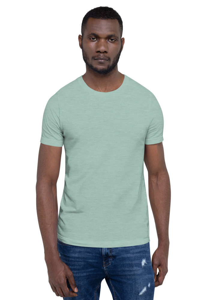 Bella + Canvas 3001 T-shirt in Heather Prism Dusty Blue for custom pet portrait embroidery