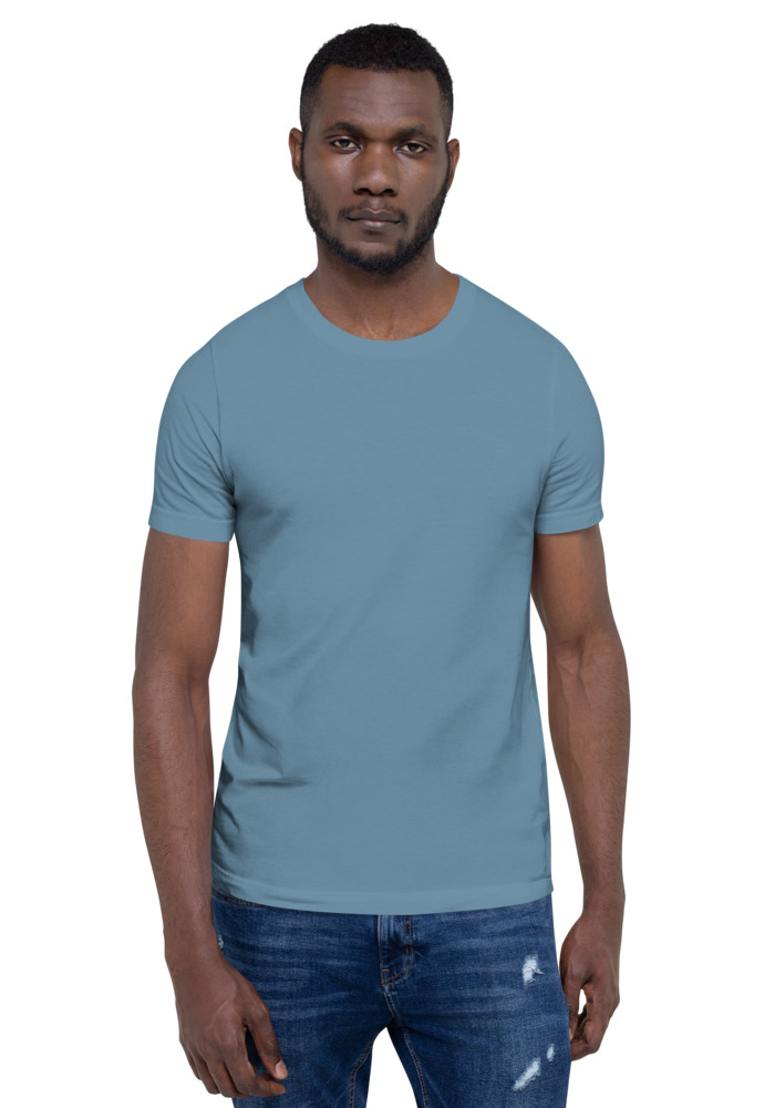 Bella + Canvas 3001 T-shirt in Steel Blue for custom pet portrait embroidery